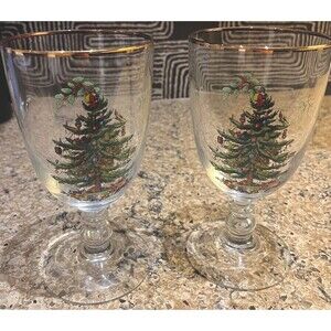 Spode Christmas Tree 🎄 7 1/8” Water Tea Goblet Glass with Gold Rim Set of 2